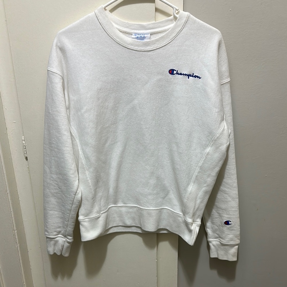 Champion White Crewneck Sweater with Ribbed Details